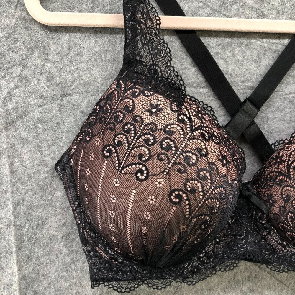 Prima Valentina Plunge Bra Black Blush Pink Lace Layer Size 40DD Lined Racerback - Picture 5 of 12
